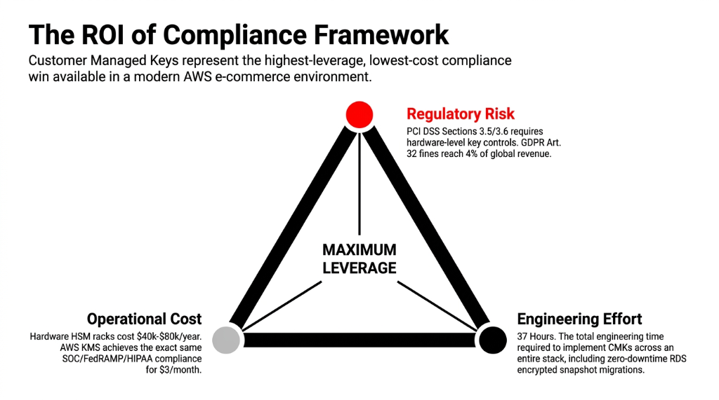 The ROI of Compliance Framework showing three vertices of maximum leverage - Regulatory Risk with PCI DSS Sections 3.5 and 3.6 requiring hardware-level key controls and GDPR Art 32 fines reaching 4 percent of global revenue, Operational Cost with hardware HSM racks costing $40k-$80k per year while AWS KMS achieves SOC FedRAMP HIPAA compliance for $3 per month, and Engineering Effort at 37 hours total to implement CMKs across an entire stack including zero-downtime RDS encrypted snapshot migrations