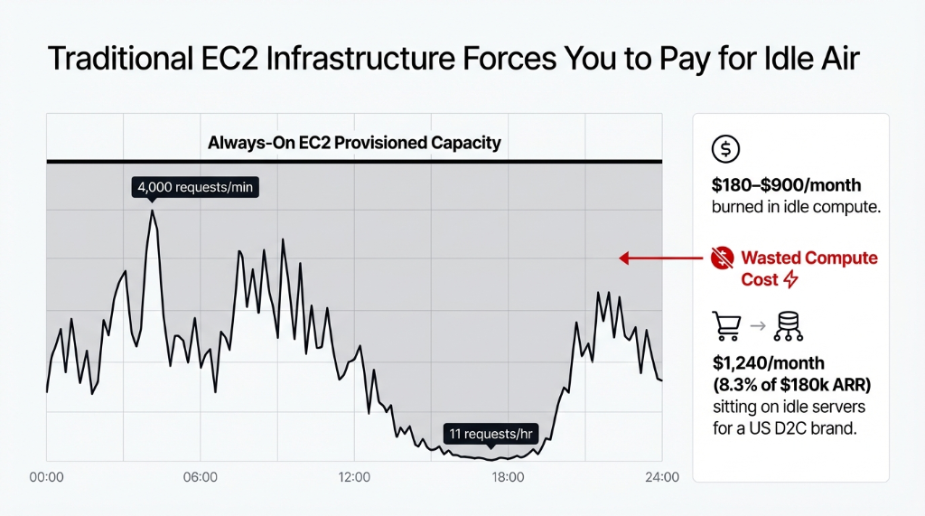 Traditional EC2 infrastructure chart showing always-on provisioned capacity with traffic spiking to 4000 requests per minute during peak and dropping to 11 requests per hour overnight burning 180 to 900 dollars per month in idle compute with a US D2C brand paying 1240 dollars per month which is 8.3 percent of 180K ARR sitting on idle servers
