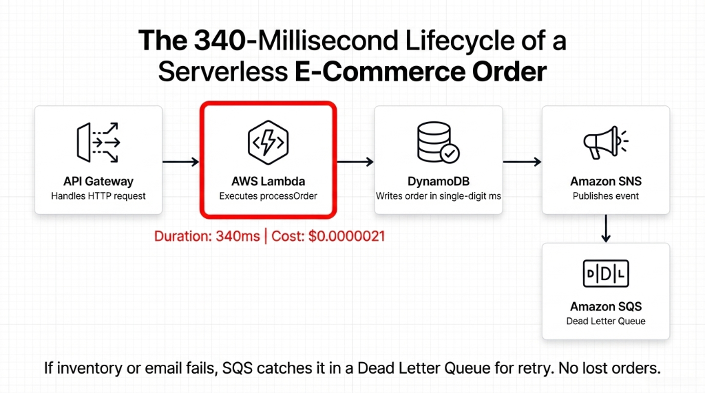 The 340-millisecond lifecycle of a serverless e-commerce order showing API Gateway handling HTTP request then AWS Lambda executing processOrder then DynamoDB writing order in single-digit milliseconds then Amazon SNS publishing event then Amazon SQS Dead Letter Queue catching failures for retry with total duration 340ms and cost of 0.0000021 dollars