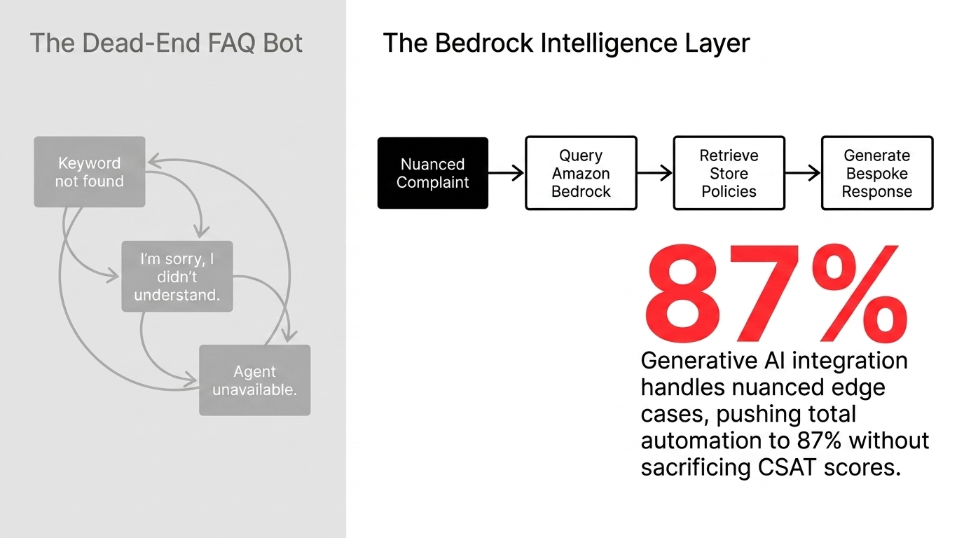 Integration architecture diagram showing five layers: Channel Layer, Logic Layer with Lambda, Data Layer with DynamoDB and S3, Intelligence Layer with Bedrock, and Security with Cognito and CloudWatch
