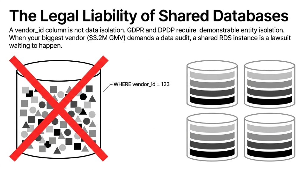 Legal liability of shared databases diagram showing vendor_id column is not data isolation versus cell-based per-vendor database isolation for GDPR and DPDP compliance