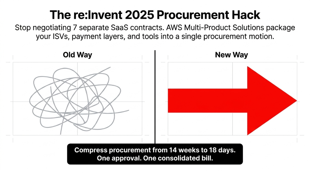 AWS re:Invent 2025 procurement hack showing old way with tangled contracts versus new way with multi-product solutions compressing procurement from 14 weeks to 18 days