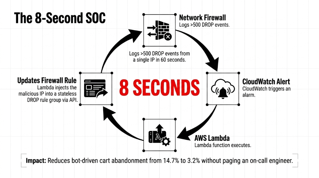 The 8-Second SOC showing automated response loop where Network Firewall logs over 500 DROP events then CloudWatch triggers alarm then Lambda executes and updates firewall rule by injecting malicious IP into stateless DROP rule group via API reducing bot-driven cart abandonment from 14.7 percent to 3.2 percent