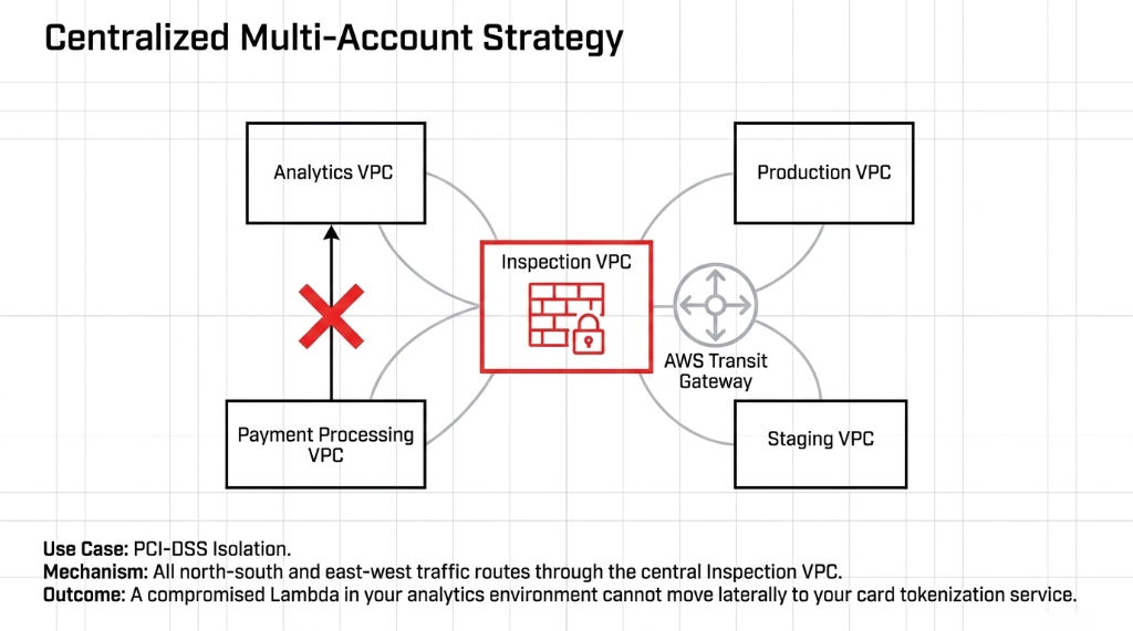 Centralized Multi-Account Strategy showing Inspection VPC with AWS Transit Gateway connecting Analytics VPC Production VPC Payment Processing VPC and Staging VPC for PCI-DSS isolation preventing lateral movement from compromised Lambda to card tokenization service