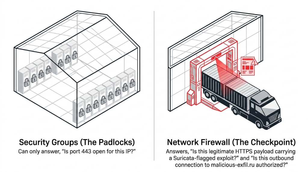 Security Groups as padlocks can only answer is port 443 open for this IP versus Network Firewall as checkpoint answering is this HTTPS payload carrying a Suricata-flagged exploit and is this outbound connection to malicious domain authorized