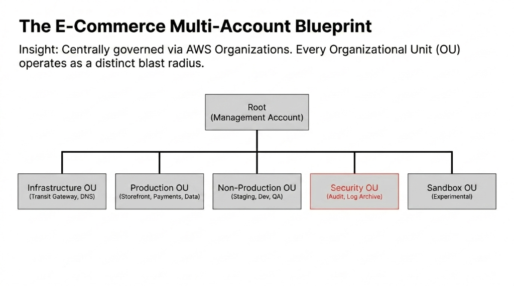 The E-Commerce Multi-Account Blueprint showing centrally governed AWS Organizations with Root Management Account branching into Infrastructure OU for Transit Gateway and DNS, Production OU for Storefront Payments and Data, Non-Production OU for Staging Dev and QA, Security OU highlighted in red for Audit and Log Archive, and Sandbox OU for Experimental workloads