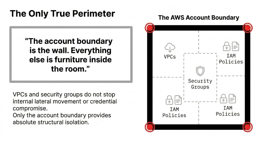 The Only True Perimeter diagram showing The AWS Account Boundary as a bold black border containing VPCs IAM Policies and Security Groups inside, with the quote The account boundary is the wall Everything else is furniture inside the room, explaining that VPCs and security groups do not stop internal lateral movement or credential compromise