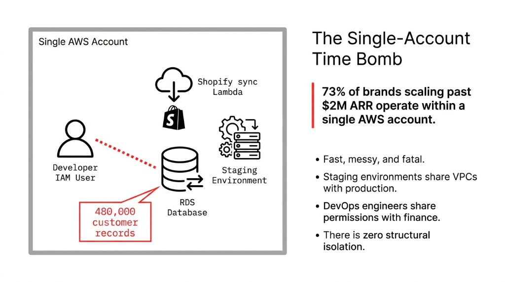 The Single-Account Time Bomb diagram showing 73% of brands scaling past $2M ARR operate within a single AWS account with a Developer IAM User having access to Shopify sync Lambda, Staging Environment, and RDS Database holding 480000 customer records with no structural isolation