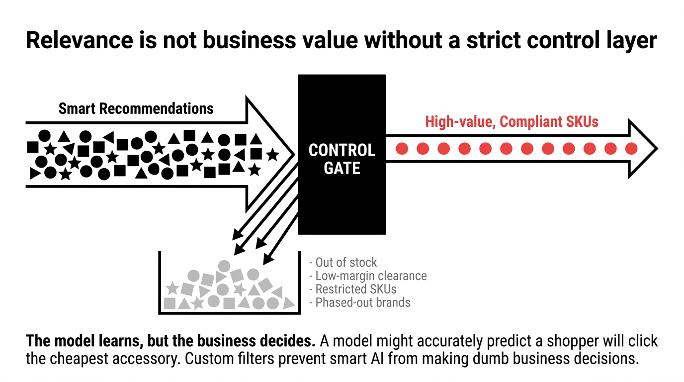 Control gate filtering smart recommendations to output only high-value compliant SKUs while blocking out of stock, low-margin, restricted, and phased-out items