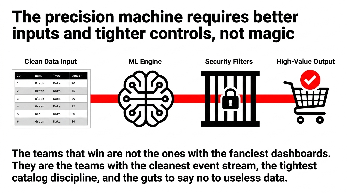 Clean data input flowing through ML engine and security filters to produce high-value output with the message that precision requires better inputs and tighter controls not magic