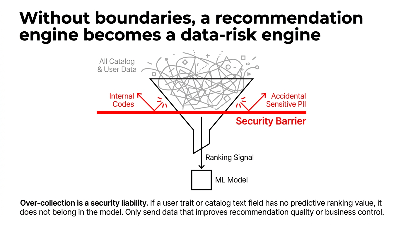Security barrier funnel filtering out internal codes and accidental sensitive PII from catalog and user data before it reaches the ML model