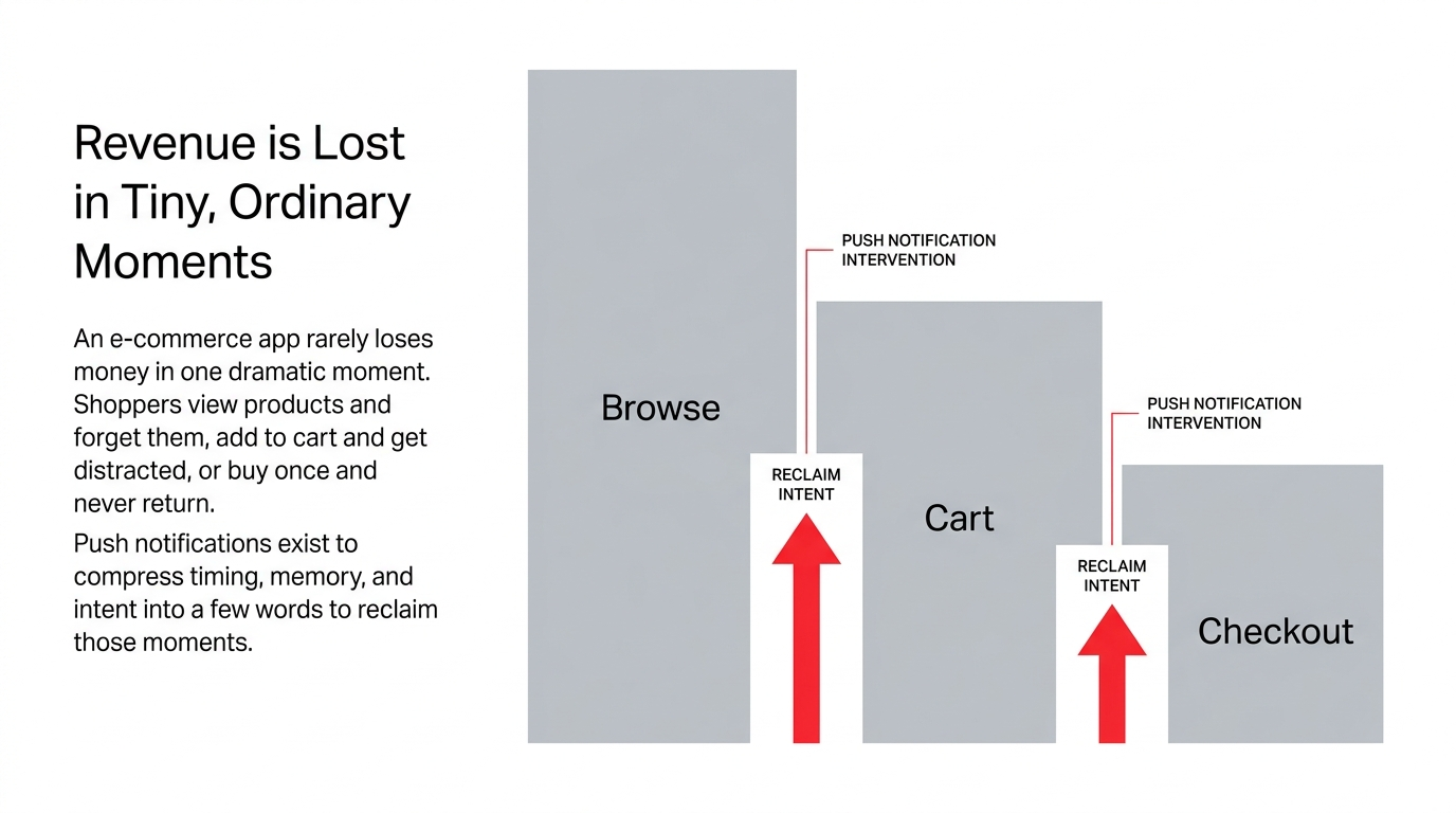 AWS Pinpoint push notification architecture for e-commerce showing customer behavior events flowing into segments, journeys, and campaigns delivering targeted push notifications via FCM and APNs to mobile devices