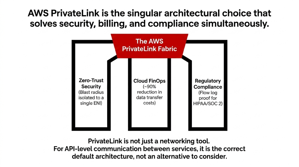 AWS PrivateLink three pillars infographic showing zero-trust security with blast radius isolated to a single ENI, cloud FinOps with approximately 90 percent reduction in data transfer costs, and regulatory compliance with flow log proof for HIPAA and SOC 2 audits — positioning PrivateLink as the singular architectural choice that solves security, billing, and compliance simultaneously