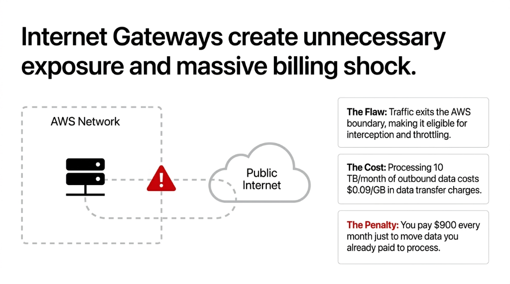 Internet Gateway architectural flaw diagram showing AWS network boundary with a warning indicator pointing to public internet exposure, breaking down the flaw of traffic exiting the AWS boundary making it eligible for interception and throttling, the cost of processing 10 TB per month at 0.09 dollars per GB in data transfer charges, and the penalty of paying 900 dollars every month just to move data you already paid to process