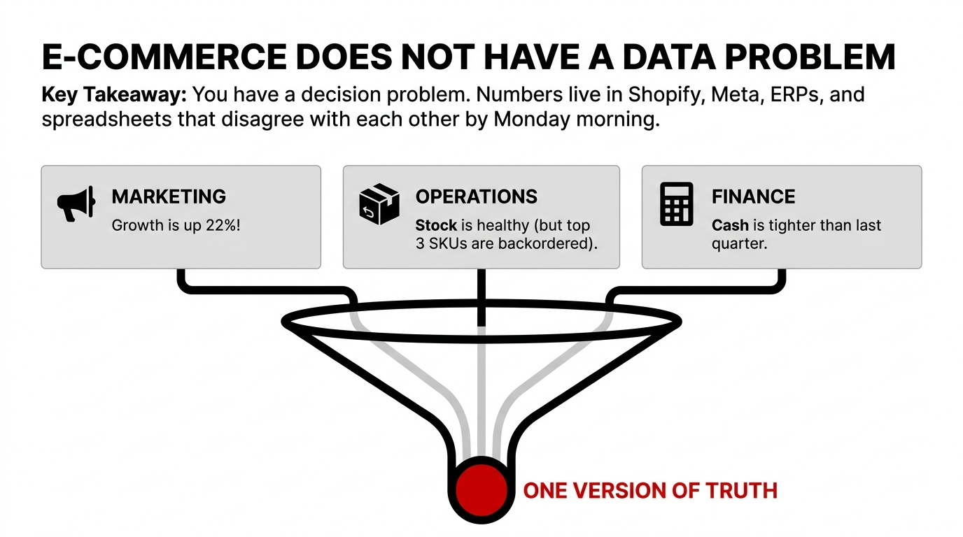Comparison between busy reporting dashboards and healthy business intelligence dashboards, showing the shift from what happened to what decisions are being made