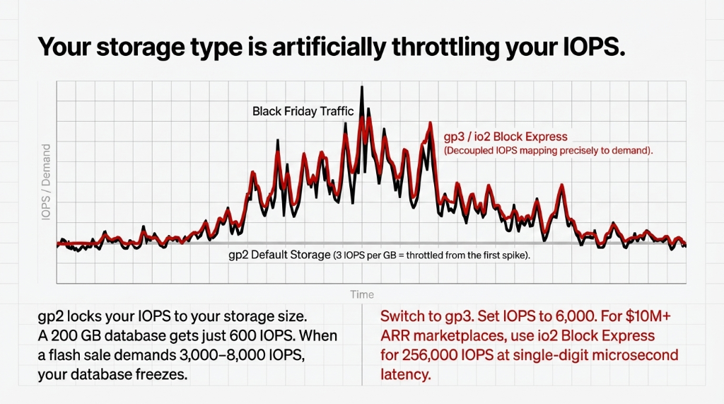 AWS RDS IOPS throttling chart showing gp2 default storage locked at 3 IOPS per GB with a 200 GB database getting only 600 IOPS flat-lining during Black Friday traffic spikes versus gp3 and io2 Block Express with decoupled IOPS mapping precisely to demand delivering 6000 to 256000 IOPS at single-digit microsecond latency
