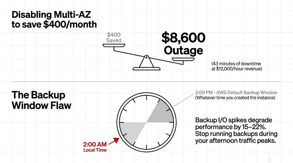 AWS RDS Multi-AZ cost comparison showing a balance scale with 400 dollars saved versus 8600 dollar outage from 43 minutes of downtime at 12000 dollars per hour revenue plus backup window flaw diagram showing default 2 PM backup window causing 15 to 22 percent performance degradation during afternoon traffic peaks versus moving to 2 AM local time