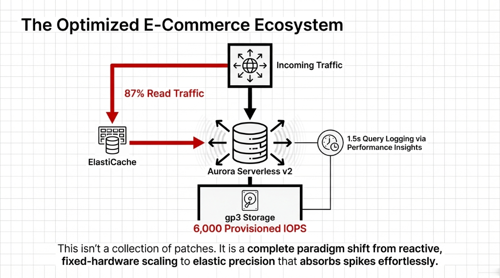 The optimized e-commerce database ecosystem architecture diagram showing incoming traffic with 87 percent read traffic routed to ElastiCache and Aurora Serverless v2 with gp3 storage at 6000 provisioned IOPS and 1.5 second query logging via Performance Insights representing a complete paradigm shift from reactive fixed-hardware scaling to elastic precision
