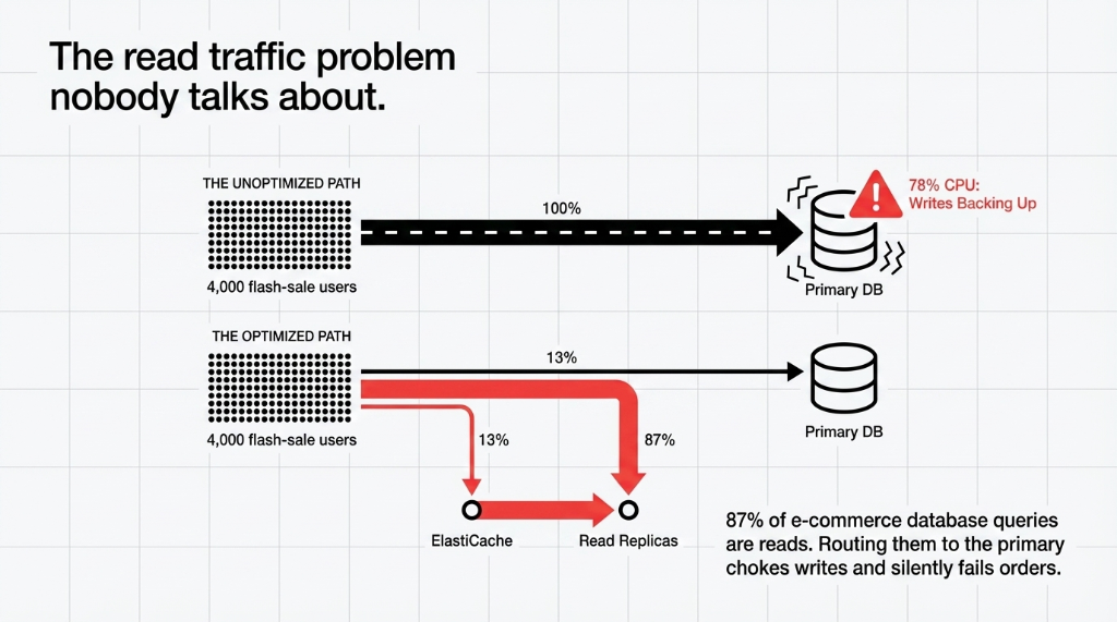 AWS RDS read traffic optimization diagram showing the unoptimized path where 4000 flash sale users send 100 percent of traffic to primary database at 78 percent CPU with writes backing up versus the optimized path splitting 87 percent read traffic to ElastiCache and read replicas keeping only 13 percent hitting the primary database