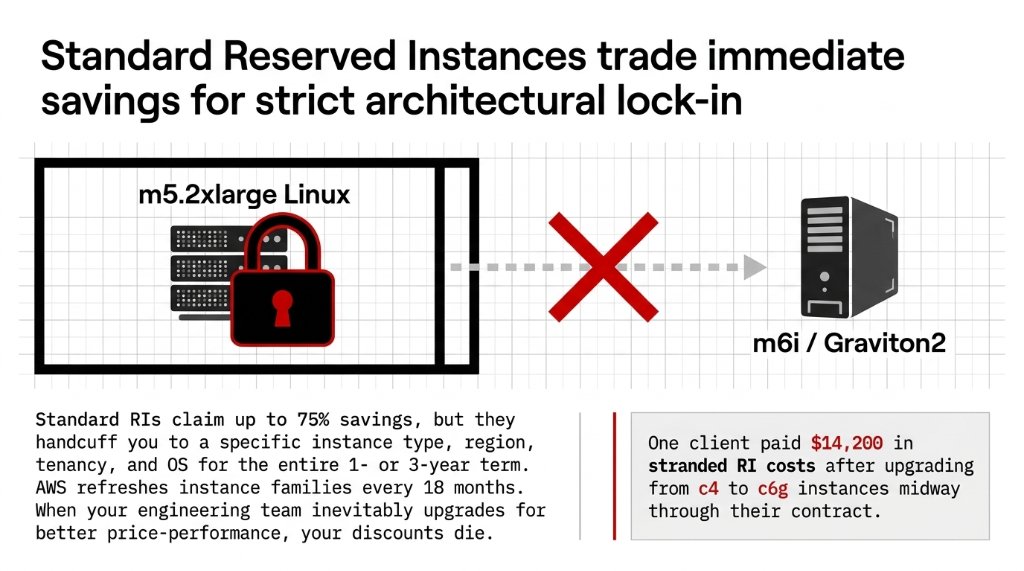 AWS Standard Reserved Instance architectural lock-in diagram showing m5.2xlarge Linux instance locked with padlock unable to migrate to m6i Graviton2 with red X blocking the path illustrating how Standard RIs claim up to 75 percent savings but handcuff you to specific instance type region tenancy and OS for entire 1 or 3-year term with real client example paying 14200 dollars in stranded RI costs after upgrading from c4 to c6g instances midway through contract