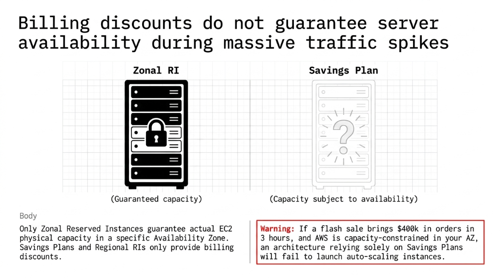 AWS billing discounts versus server availability comparison showing Zonal RI with guaranteed physical capacity locked server icon versus Savings Plan with capacity subject to availability question mark server icon with warning that if a flash sale brings 400k dollars in orders in 3 hours and AWS is capacity-constrained in your availability zone an architecture relying solely on Savings Plans will fail to launch auto-scaling instances