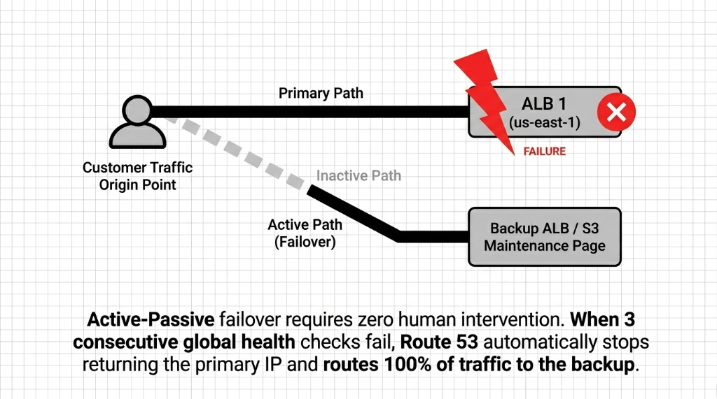 AWS Route 53 active-passive failover architecture showing customer traffic primary path to ALB 1 in us-east-1 with failure indicator and automatic failover active path redirecting 100 percent of traffic to backup ALB or S3 maintenance page when 3 consecutive global health checks fail with zero human intervention required