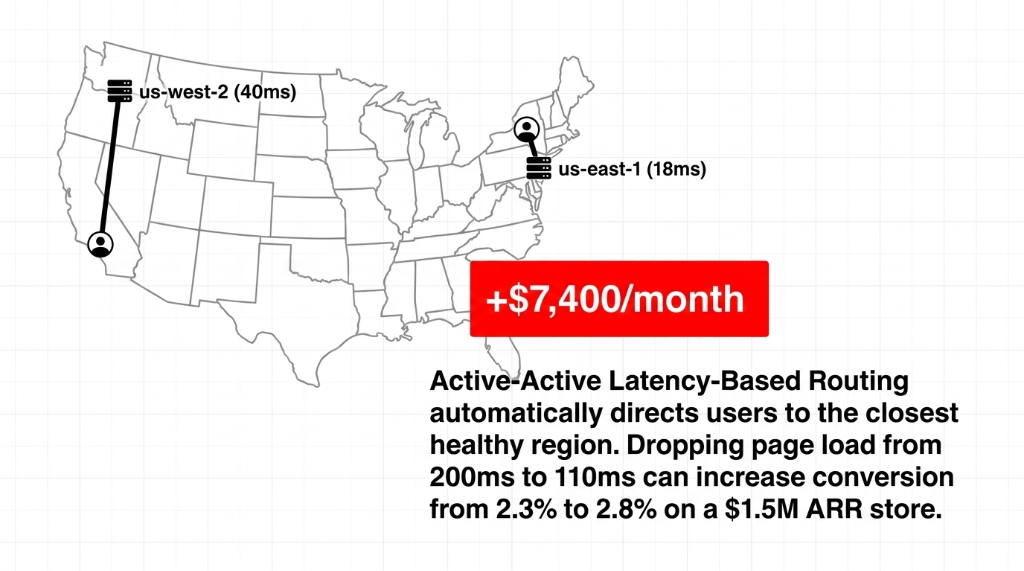 AWS Route 53 latency-based routing US map showing active-active multi-region deployment with us-west-2 Oregon at 40ms and us-east-1 Virginia at 18ms latency automatic user routing to closest healthy region dropping page load from 200ms to 110ms increasing conversion from 2.3 to 2.8 percent generating 7400 dollars per month additional revenue on 1.5 million ARR store