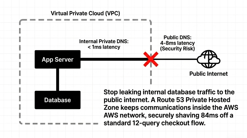AWS Route 53 Private Hosted Zone architecture inside VPC showing app server to database communication via internal private DNS at under 1ms latency with public DNS path blocked at 4 to 8ms latency and security risk keeping internal database traffic off the public internet and shaving 84ms off a standard 12-query checkout flow