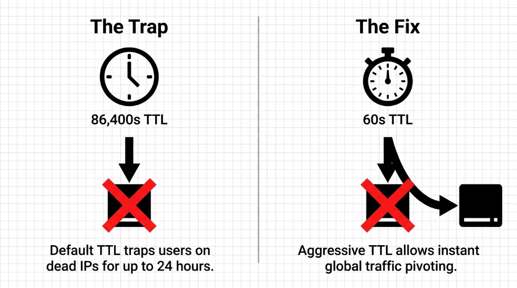 AWS Route 53 DNS TTL comparison diagram showing The Trap with default 86400 second TTL trapping users on dead IPs for up to 24 hours versus The Fix with aggressive 60 second TTL allowing instant global traffic pivoting for e-commerce failover