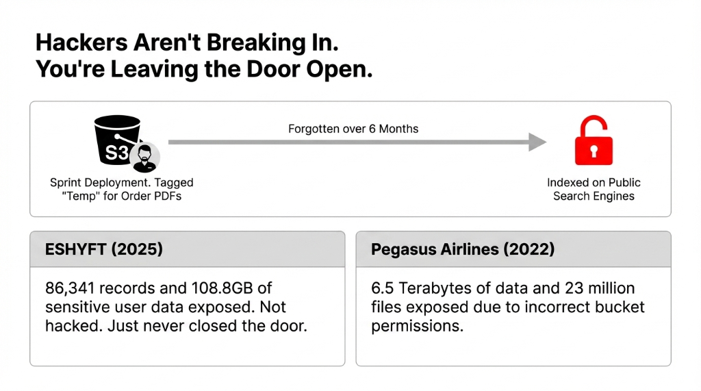 AWS S3 bucket security infographic showing how sprint deployments tagged as temp for order PDFs become indexed on public search engines over 6 months with ESHYFT 2025 exposing 86341 records and Pegasus Airlines 2022 exposing 6.5 terabytes of data due to incorrect bucket permissions