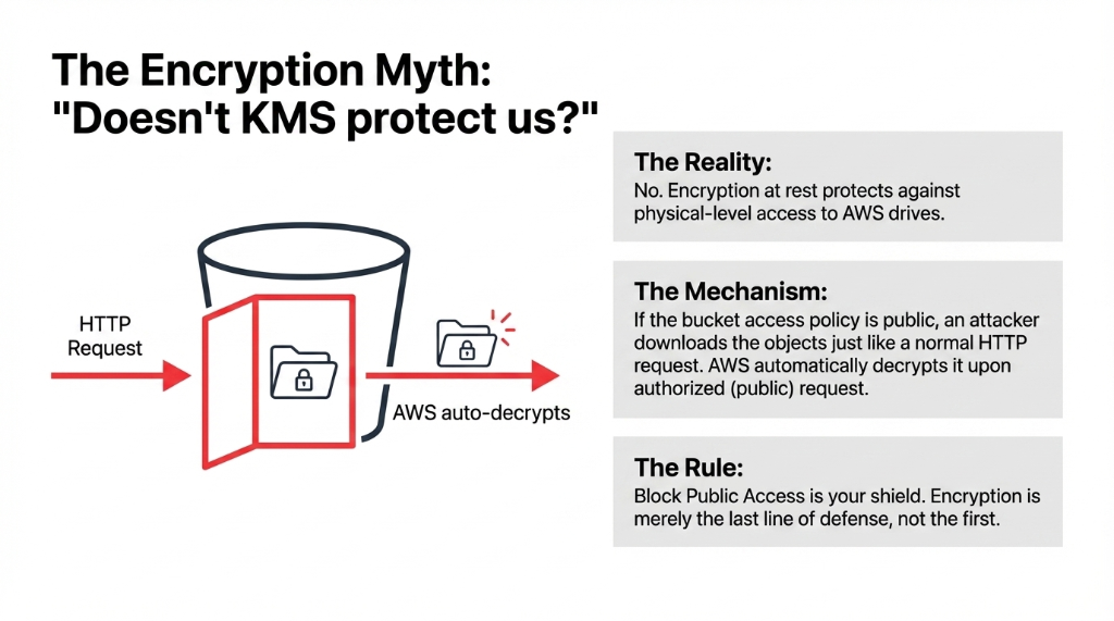 AWS S3 KMS encryption myth diagram showing that encryption at rest only protects against physical-level access to AWS drives and if the bucket access policy is public the attacker downloads objects via normal HTTP request because AWS auto-decrypts upon authorized public request proving Block Public Access is the real shield not encryption