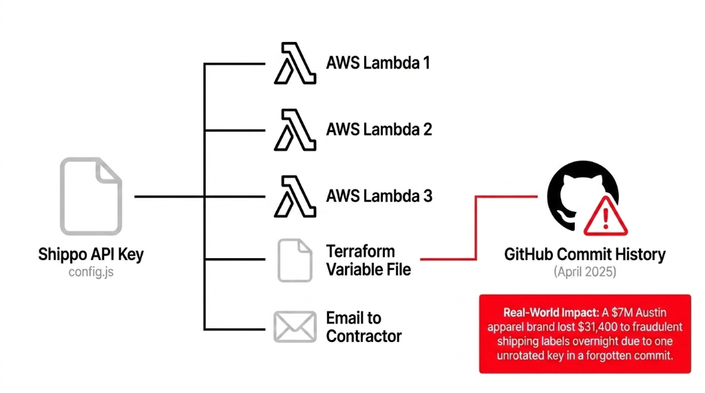 AWS e-commerce API key sprawl diagram showing single Shippo API key from config.js spreading to 3 AWS Lambda functions Terraform variable file and email to contractor with all paths leading to exposed GitHub commit history from April 2025 causing 31400 dollar loss for a 7 million dollar Austin apparel brand through fraudulent shipping labels overnight