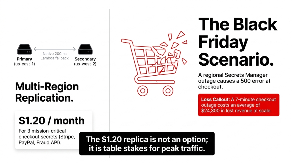 AWS Secrets Manager multi-region replication architecture showing primary in us-east-1 with native 200ms Lambda fallback to secondary in us-west-2 for 1.20 dollars per month covering 3 mission-critical checkout secrets Stripe PayPal and Fraud API alongside Black Friday scenario where regional outage causes 500 error at checkout costing 24300 dollars in 7 minutes of lost revenue at scale