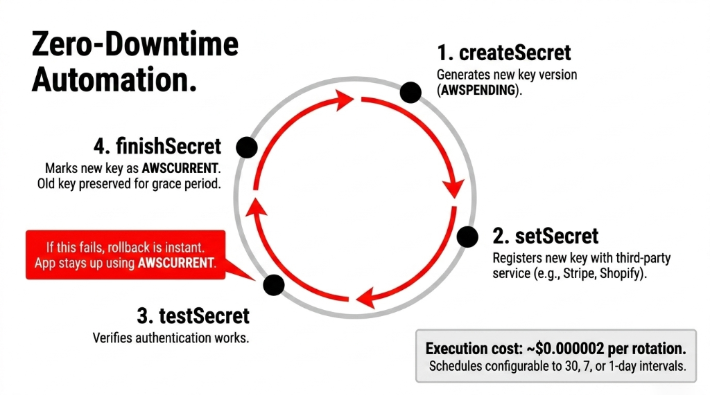 AWS Secrets Manager zero-downtime 4-step automatic rotation cycle showing createSecret generating new key version as AWSPENDING then setSecret registering with third-party service like Stripe or Shopify then testSecret verifying authentication works then finishSecret marking as AWSCURRENT with instant rollback if test fails and execution cost of approximately 0.000002 dollars per rotation configurable to 30 7 or 1 day intervals