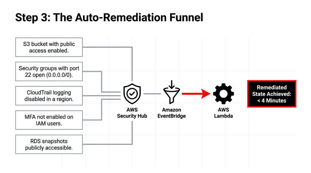 AWS Security Hub Step 3 auto-remediation funnel diagram showing five common e-commerce security failures including S3 bucket with public access enabled security groups with port 22 open to 0.0.0.0/0 CloudTrail logging disabled in a region MFA not enabled on IAM users and RDS snapshots publicly accessible all flowing through AWS Security Hub to Amazon EventBridge to AWS Lambda achieving remediated state in under 4 minutes automatically without human intervention