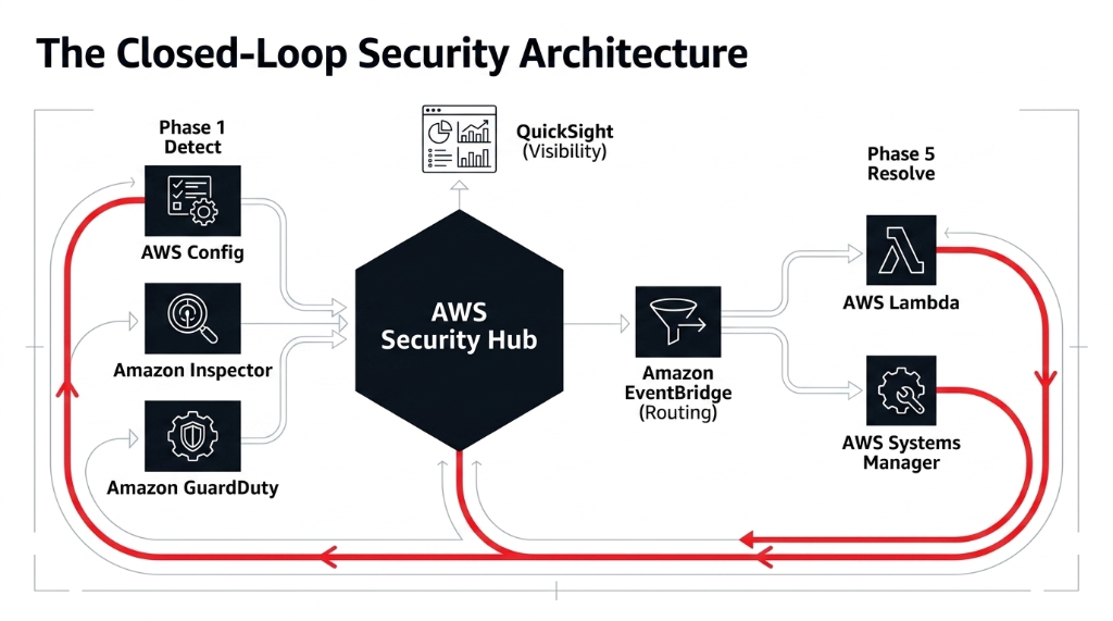AWS Security Hub closed-loop security architecture diagram showing Phase 1 Detect with AWS Config Amazon Inspector and Amazon GuardDuty feeding into central AWS Security Hub hexagon connected to QuickSight for visibility and Amazon EventBridge for routing to Phase 5 Resolve with AWS Lambda and AWS Systems Manager creating a continuous closed-loop detection and remediation cycle for e-commerce compliance automation