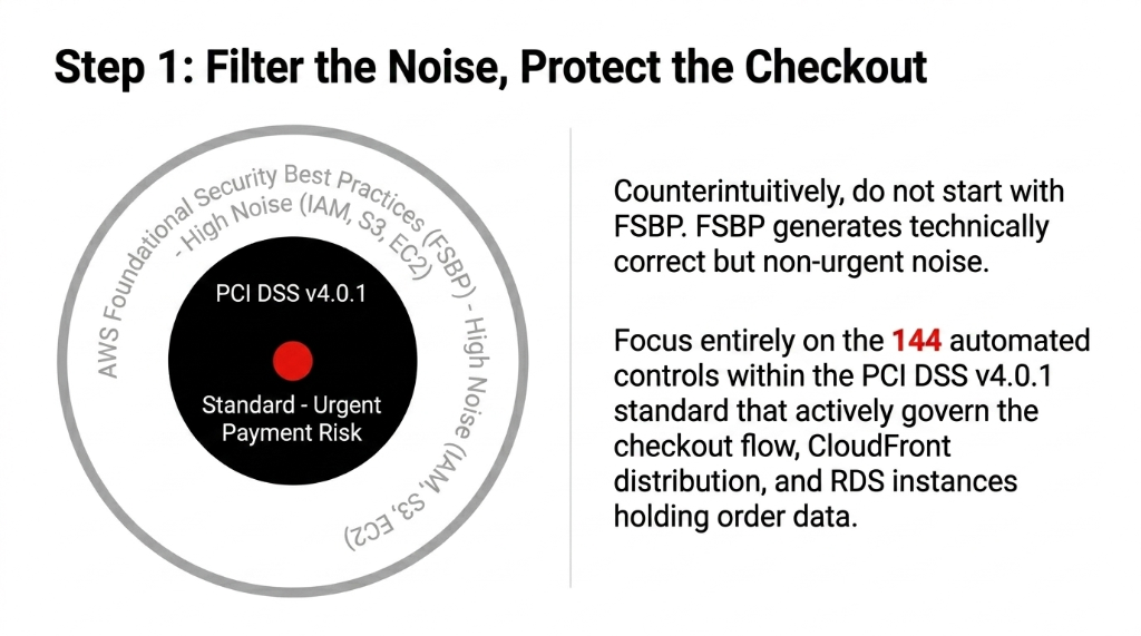 AWS Security Hub Step 1 filter the noise protect the checkout diagram showing concentric circles with PCI DSS v4.0.1 standard urgent payment risk at the center surrounded by AWS Foundational Security Best Practices high noise outer ring with instruction to focus on the 144 automated controls within PCI DSS v4.0.1 that actively govern the checkout flow CloudFront distribution and RDS instances holding order data instead of starting with FSBP which generates technically correct but non-urgent noise