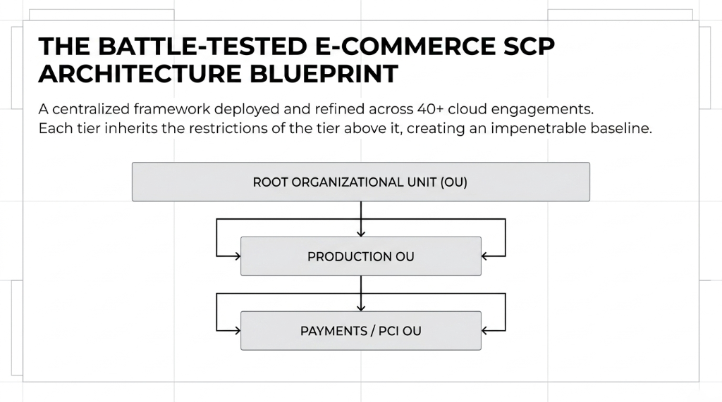 The Battle-Tested E-Commerce SCP Architecture Blueprint showing a centralized framework with Root Organizational Unit flowing down to Production OU and then to Payments PCI OU, where each tier inherits restrictions from the tier above creating an impenetrable baseline