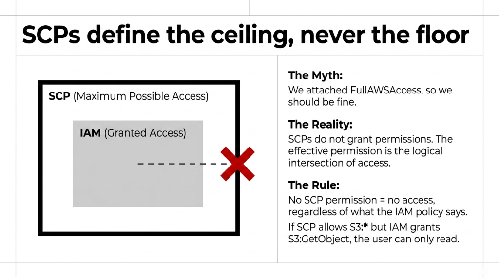 SCPs define the ceiling never the floor diagram showing SCP as Maximum Possible Access containing IAM Granted Access inside it, explaining that SCPs do not grant permissions and the effective permission is the logical intersection of access