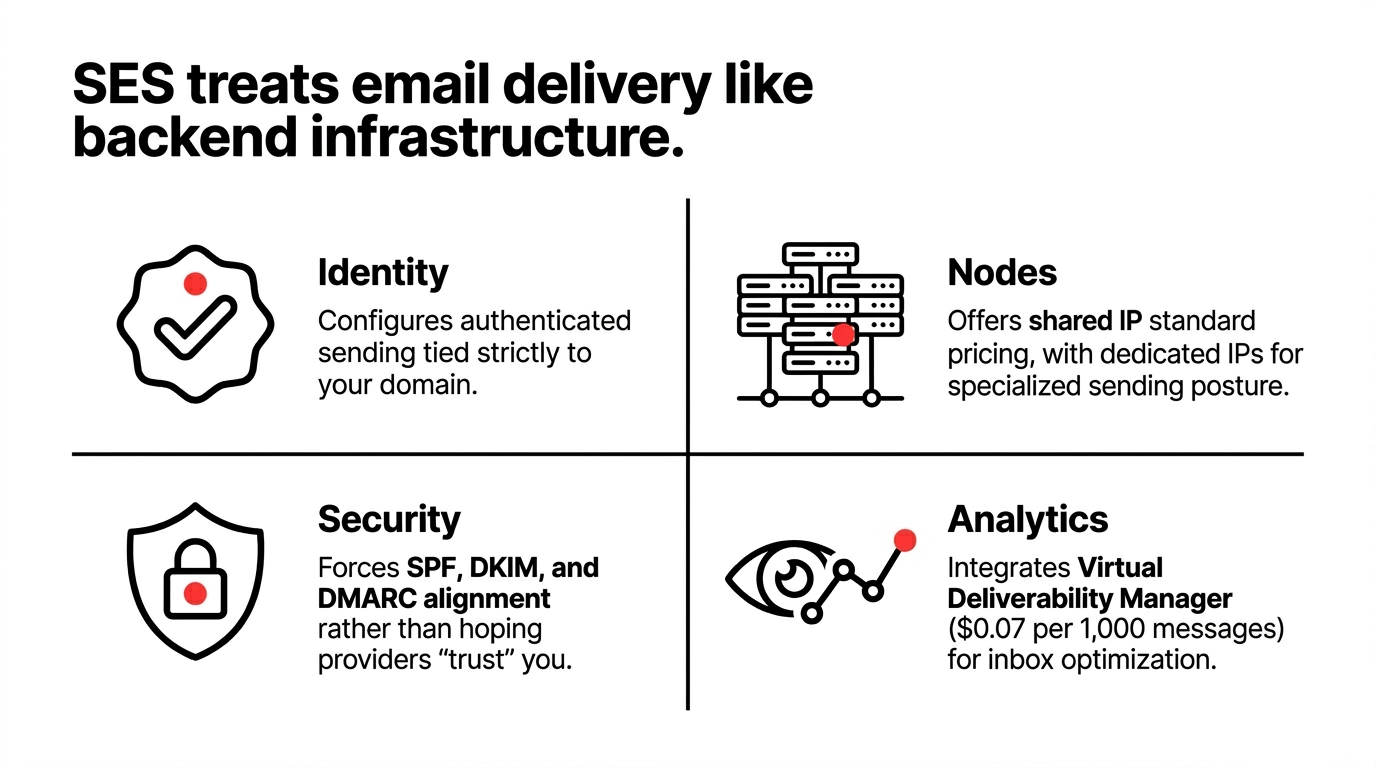 AWS SES transactional email architecture showing order confirmation, password reset, shipping alert, and refund notification flows from e-commerce systems through SES to customer inboxes