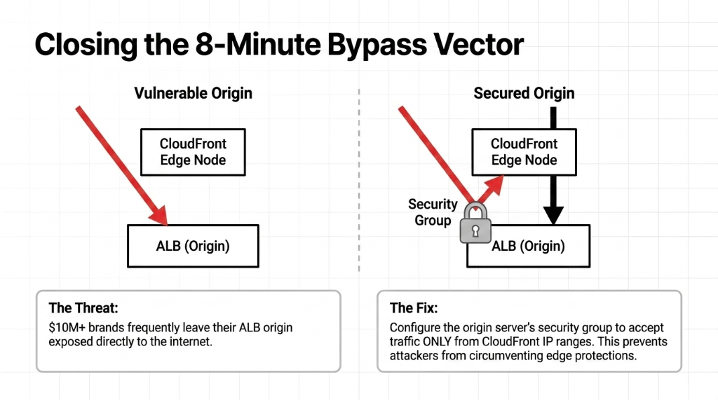 Closing the 8-Minute Bypass Vector showing vulnerable origin with ALB exposed directly to internet versus secured origin with security group accepting traffic only from CloudFront IP ranges preventing attackers from circumventing edge protections