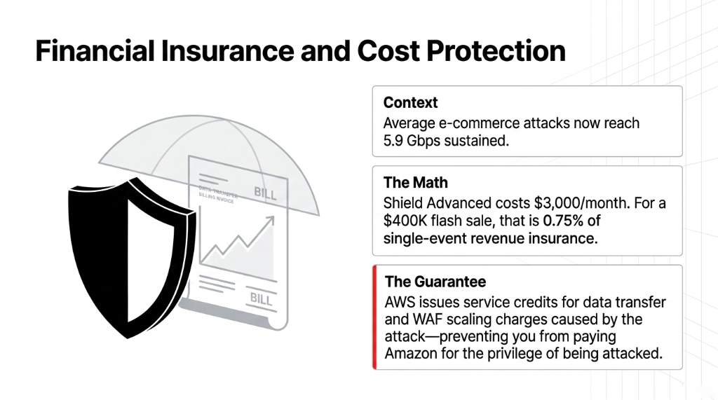Financial Insurance and Cost Protection showing Shield Advanced costs $3,000 per month which is 0.75 percent of single-event revenue insurance for a $400K flash sale with AWS issuing service credits for data transfer and WAF scaling charges caused by the attack
