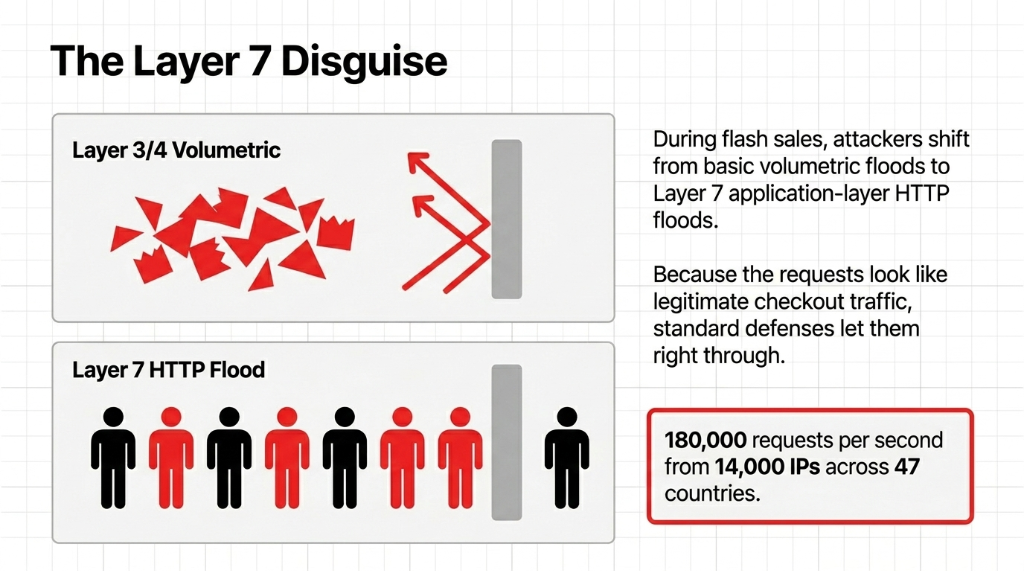 The Layer 7 Disguise comparing Layer 3/4 volumetric attacks versus Layer 7 HTTP floods that look like legitimate checkout traffic with 180,000 requests per second from 14,000 IPs across 47 countries