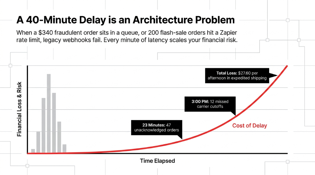 AWS SNS e-commerce order alert delay cost chart showing financial loss and risk scaling over time with 47 unacknowledged orders at 23 minutes 12 missed carrier cutoffs at 3 PM and total loss of 27.60 dollars per afternoon in expedited shipping when legacy Zapier webhooks hit rate limits during flash sales