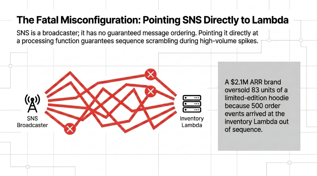 AWS SNS fatal misconfiguration diagram showing SNS broadcaster pointing directly to inventory Lambda with scrambled crossed-out message paths during high-volume spikes causing a 2.1 million dollar ARR brand to oversell 83 units of a limited-edition hoodie because 500 order events arrived at the inventory Lambda out of sequence