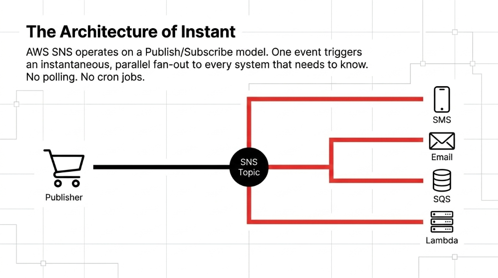 AWS SNS publish subscribe fan-out architecture diagram showing a single publisher cart event broadcasting through an SNS Topic to four simultaneous subscribers including SMS endpoint email endpoint SQS queue and Lambda function with no polling and no cron jobs required for e-commerce order alert delivery
