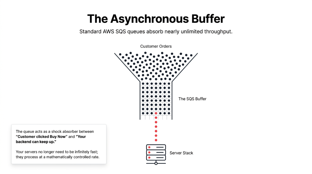 AWS SQS asynchronous buffer funnel diagram showing Standard SQS queues absorbing nearly unlimited throughput of customer orders flowing through a buffer into the server stack where the queue acts as a shock absorber between customer clicked Buy Now and your backend can keep up with servers processing at a mathematically controlled rate