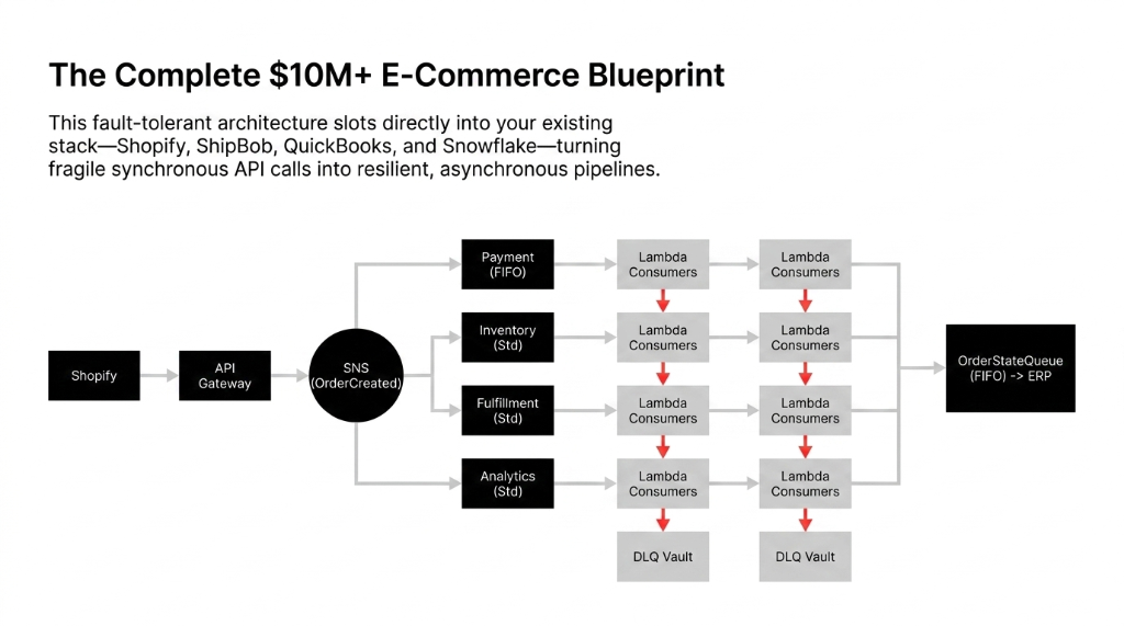 Complete 10M plus e-commerce SQS architecture blueprint showing Shopify webhook firing to API Gateway to SNS OrderCreated topic fanning out to Payment FIFO queue, Inventory Standard queue, Fulfillment Standard queue, and Analytics Standard queue each with Lambda consumers and DLQ Vault catch nets feeding into OrderStateQueue FIFO connected to ERP