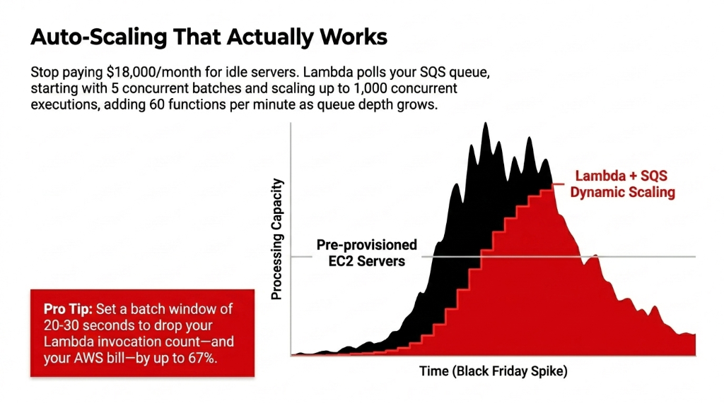 AWS Lambda plus SQS auto-scaling chart showing processing capacity over time during a Black Friday spike comparing pre-provisioned EC2 servers as a flat capacity line versus Lambda plus SQS dynamic scaling that rises with demand, with pro tip to set batch window of 20 to 30 seconds to drop Lambda invocation count and AWS bill by up to 67 percent