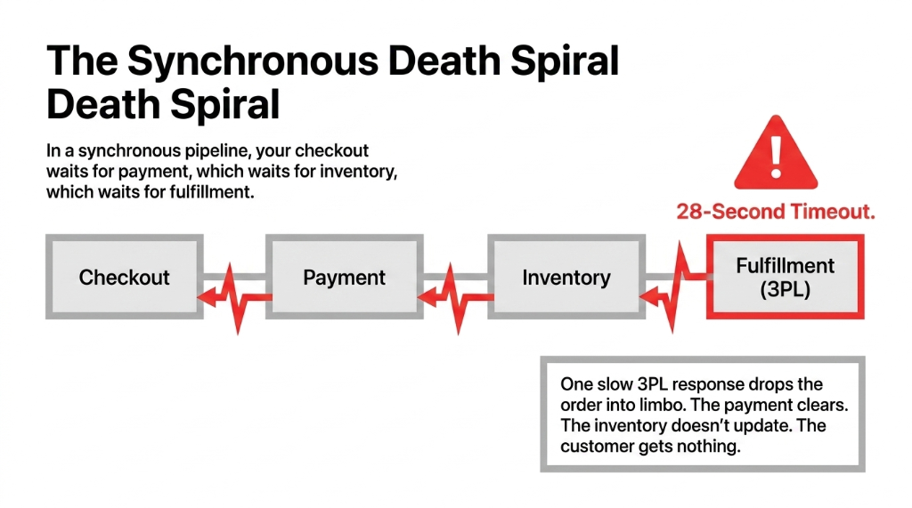 Synchronous order processing death spiral diagram showing checkout waiting for payment waiting for inventory waiting for fulfillment 3PL in a chain where one slow 3PL response with 28-second timeout drops the order into limbo while the payment clears and the inventory does not update and the customer gets nothing